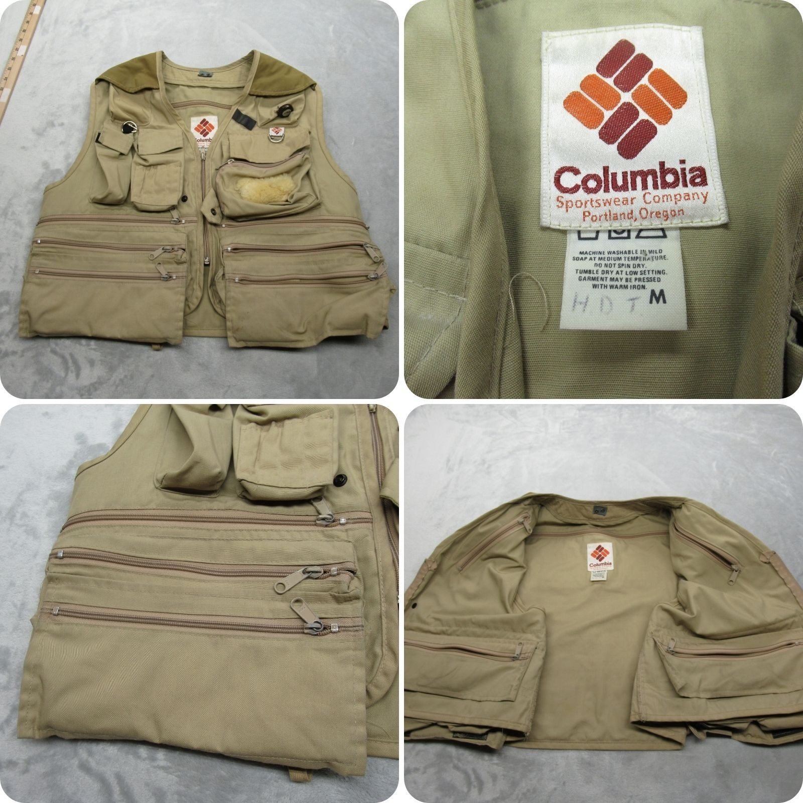 Columbia Fishing Vest Mens Medium Beige Multiple Pocket Full Zip Outdoor Vtg 90s